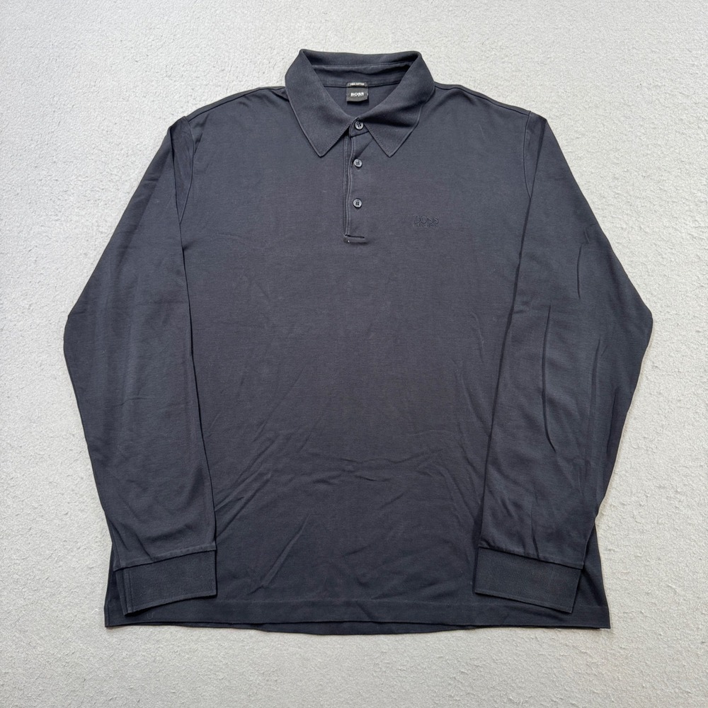 BOSS Hugo Boss Polo Shirt Men's XL Black Pima Cotton Long Sleeve Preppy Luxury